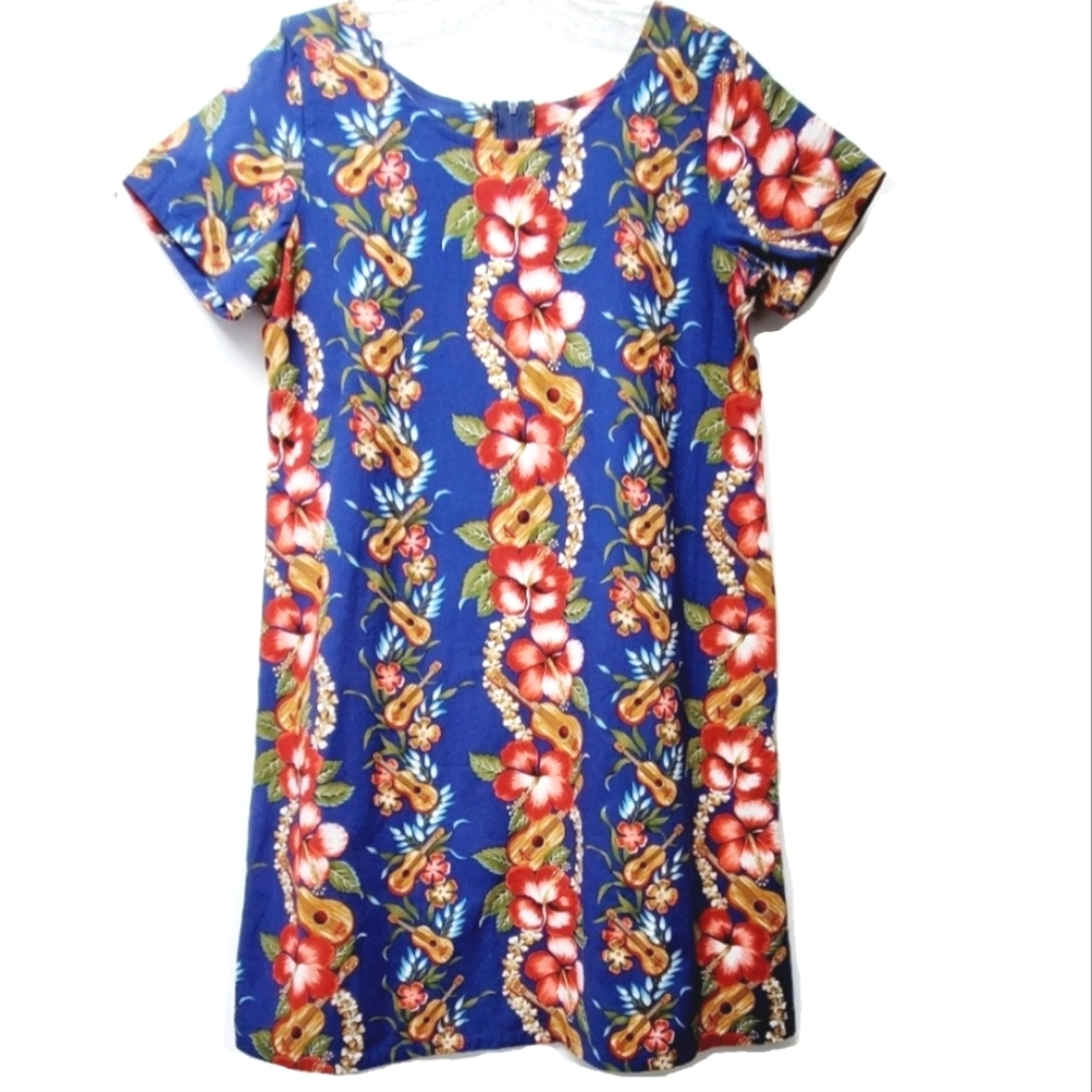 Vintage Bishop St Apparel Hawaii Blue Floral Hibiscus Ukulele Dress Size Large